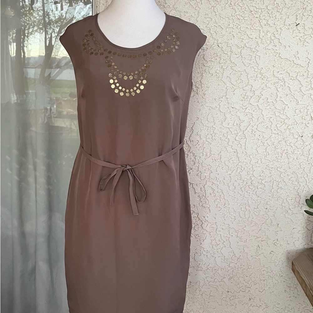 Sleeveless Taupe Dress with Gold Accent size 4
